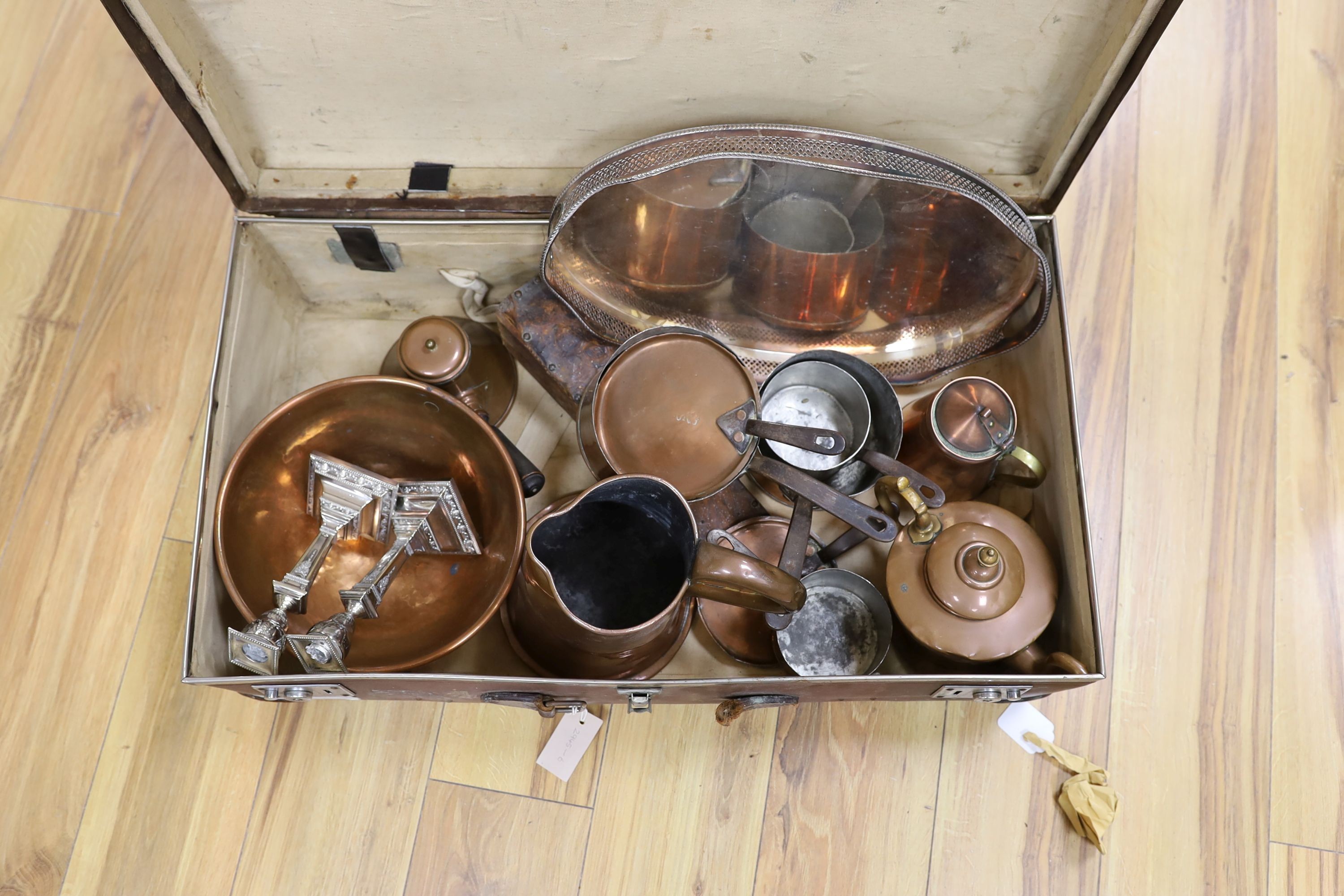 Copper and silver plated ware in trunk